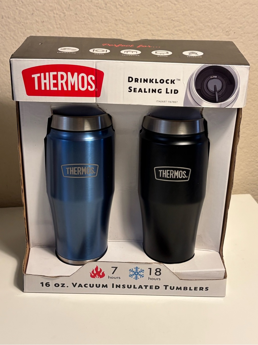 Thermos 16 oz Vacuum Insulated Travel Tumblers 2-Pack Blue Black DrinkLock New